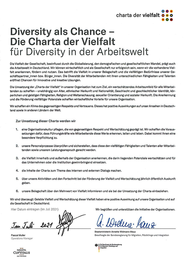 Urkunde der Charta der Vielfalt